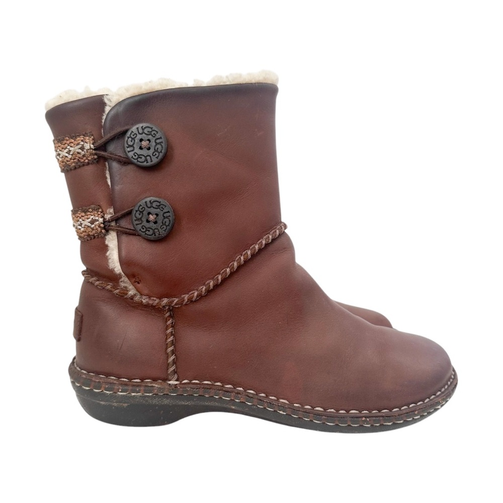 UGG Brown Lillie Leather Side Button Winter Ankle Moto Boots — Size 8 - Picture 3 of 10